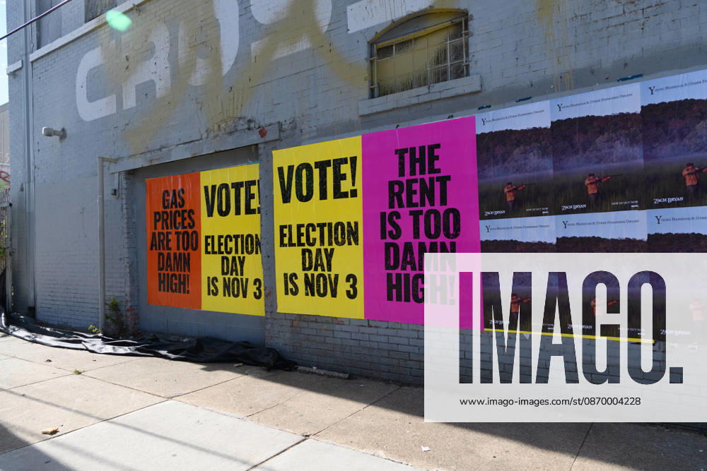 Early voting started in Dallas TX on Monday morning...Large posters on the wall in East Dallas Dallas USA - ZUMAa183 20261019_znp_a183_013