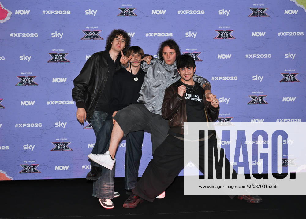 IPA89928002 - Milan, Italy: X Factor 2026 photocall featuring the 12 official contestants FRANCESCO GABBANI S TEAM In the photo: Scraffs (Dario Aveotti, Leonardo Randazzo, Daniel Jon Stephens, Cristian Basile)