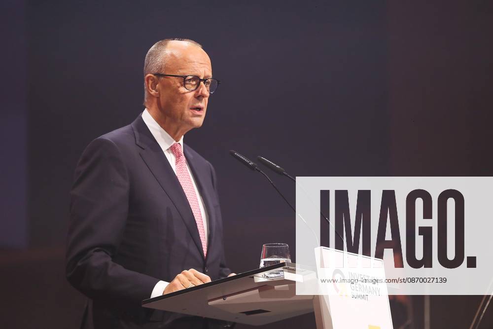 Berlin, Germany, October 19, 2026: Kraftwerk Berlin, Invest in Germany Summit—Chancellor Friedrich Merz of the CDU delivers a speech