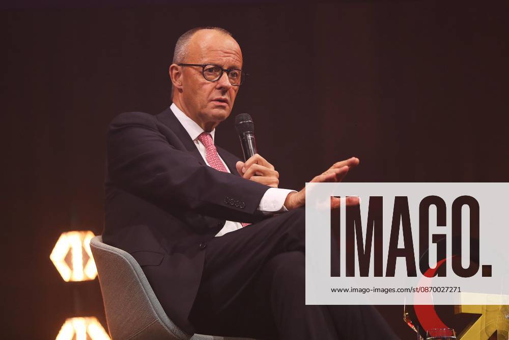 Berlin, Germany, October 19, 2026: Kraftwerk Berlin, Invest in Germany Summit—Chancellor Friedrich Merz of the CDU delivers a speech