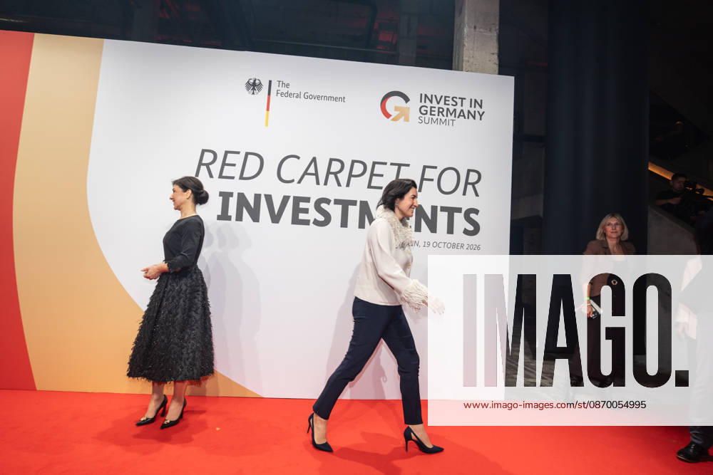 Katherina Reiche, Federal Minister for Economic Affairs and Energy, and Dorothee Bär, Federal Minister for Research, Technology, and Space, from left, on the red carpet at the Invest in Germany Summit 2026 Red Carpet for Investments event at Kraftwerk Berlin, Berlin, Germany; Kraftwerk Berlin event venue