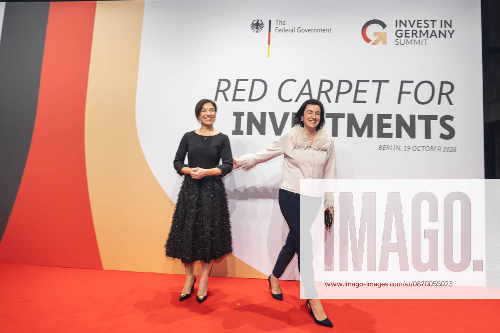 Katherina Reiche, Federal Minister for Economic Affairs and Energy, and Dorothee Bär, Federal Minister for Research, Technology, and Space, from left, on the red carpet at the Invest in Germany Summit 2026 Red Carpet for Investments event at Kraftwerk Berlin, Berlin, Germany; Kraftwerk Berlin event venue