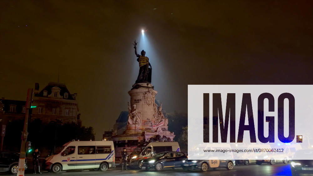 Helicopter Over Republic Square During Curfew - Paris Videograbs - A police helicopter overflies the Place de la République during the first night of an enforced overnight curfew following recent widespread urban unrest. Security forces patrolled empty streets in designated sectors to enforce the strict 11:00 p.m. to 6:00 a.m. movement restriction imposed in the capital after days of looting and clashes over high living costs. Paris, France, October 19, 2026. Photo by CLPRESS ABACAPRESS.COM Paris Ile-de-France France