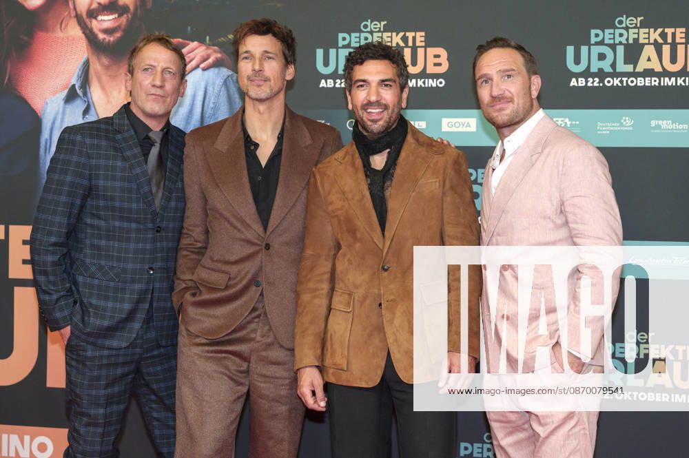 Wotan Wilke Möhring, Florian David Fitz, Elyas M’Barek, and Frederick Lau at the premiere of the movie *Der perfekte Urlaub* at the Mathäser Filmpalast in Munich, October 19, 2026 Foto:xN.xKolinzx xFuturexImagex urlaub_6150