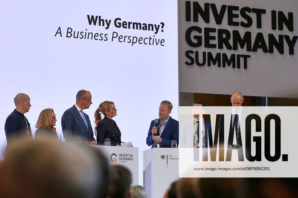 ESMT Invest in Germany Summit Discussion featuring, among others, Gundbert Scherf (Helsing), Belén Garijo (Sanofi), Federal Chancellor Friedrich Merz (CDU), Will Marshall (Planet Labs), Francis Wedin (Vulcan Energy), and Roland Busch (Siemens)