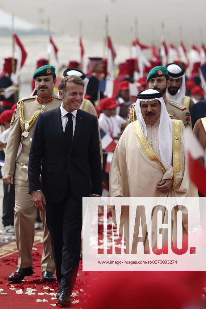 President Macron Visits Bahrain Bahrain s King Hamad bin Isa Al Khalifa welcomes French President Emmanuel Macron upon his arrival at Sakhir Air Base, in Manama, Bahrain, October 20, 2026. Photo by Benoit Tessier Pool ABACAPRESS.COM Manama Bahrain