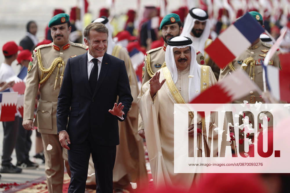President Macron Visits Bahrain Bahrain s King Hamad bin Isa Al Khalifa welcomes French President Emmanuel Macron upon his arrival at Sakhir Air Base, in Manama, Bahrain, October 20, 2026. Photo by Benoit Tessier Pool ABACAPRESS.COM Manama Bahrain