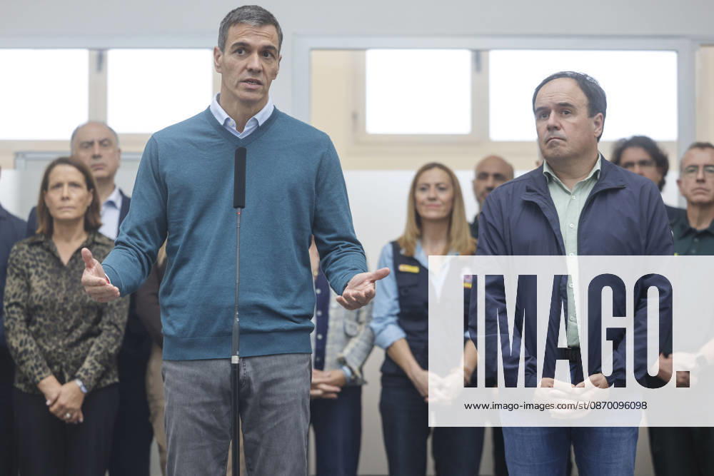 Sánchez Visits Oliva, Valencia, to Assess the Damage Caused by Storm Adam Prime Minister Pedro Sánchez speaks to the media alongside the president of the Valencian Regional Government, Juanfran Pérez Llorca, during a visit to the Forward Command Post for Storm Adam, on October 20, 2026, in Oliva, Valencia, Valencian Community, Spain. The storm caused by Storm Adam has resulted in three deaths in the Valencian Community: a man, approximately 64 years old, at a campground in Oliva, Valencia; a 79-year-old woman with limited mobility found dead in her home, also in Oliva, and another woman who lost her life this past Sunday after going into the sea in the Valencian town of Sagunt. October 20, 2026, Oliva, Valencia, Valencian Community, Oliva,