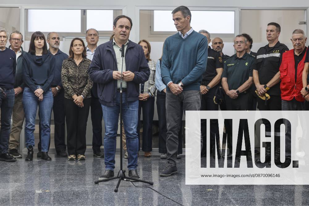Sánchez Visits Oliva, Valencia, to Assess the Damage Caused by Storm Adam The president of the Valencian Regional Government, Juanfran Pérez Llorca, speaks to the media alongside Prime Minister Pedro Sánchez, during a visit to the Forward Command Post set up in response to Storm Adam, on October 20, 2026, in Oliva, Valencia, Valencian Community, Spain. The storm caused by Storm Adam has resulted in three deaths in the Valencian Community: a man, approximately 64 years old, at a campground in Oliva, Valencia; a 79-year-old woman with limited mobility found dead in her home, also in Oliva, and another woman who lost her life this past Sunday after going into the sea in the Valencian town of Sagunt, October 20, 2026, Oliva, Valencia, Valencia