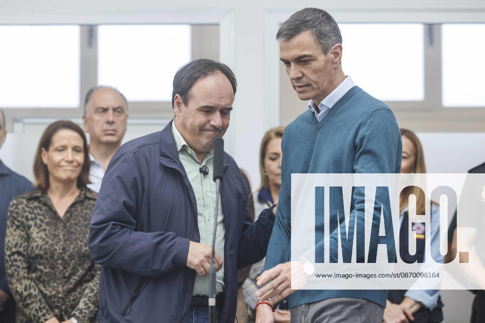 Sánchez Visits Oliva, Valencia, to Assess the Damage Caused by Storm Adam The president of the Valencian Regional Government, Juanfran Pérez Llorca, speaks to the media alongside Prime Minister Pedro Sánchez, during a visit to the Forward Command Post set up in response to Storm Adam, on October 20, 2026, in Oliva, Valencia, Valencian Community, Spain. The storm caused by Storm Adam has resulted in three deaths in the Valencian Community: a man, approximately 64 years old, at a campground in Oliva, Valencia; a 79-year-old woman with limited mobility found dead in her home, also in Oliva, and another woman who lost her life this past Sunday after going into the sea in the Valencian town of Sagunt, October 20, 2026, Oliva, Valencia, Valencia