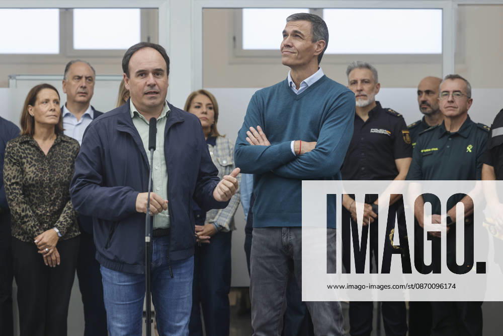 Sánchez Visits Oliva, Valencia, to Assess the Damage Caused by Storm Adam The president of the Valencian Regional Government, Juanfran Pérez Llorca, speaks to the media alongside Prime Minister Pedro Sánchez, during a visit to the Forward Command Post set up in response to Storm Adam, on October 20, 2026, in Oliva, Valencia, Valencian Community, Spain. The storm caused by Storm Adam has resulted in three deaths in the Valencian Community: a man, approximately 64 years old, at a campground in Oliva, Valencia; a 79-year-old woman with limited mobility found dead in her home, also in Oliva, and another woman who lost her life this past Sunday after going into the sea in the Valencian town of Sagunt, October 20, 2026, Oliva, Valencia, Valencia