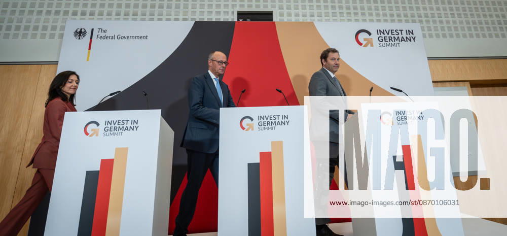 Katherina Reiche, Federal Minister of Economics; Friedrich Merz, Federal Chancellor; and Lars Klingbeil, Federal Minister of Finance (from left) during the closing remarks at the Invest in Germany Summit 2026 at the ESMT European School of Management and Technology in Berlin, Berlin, Germany; ESMT Berlin