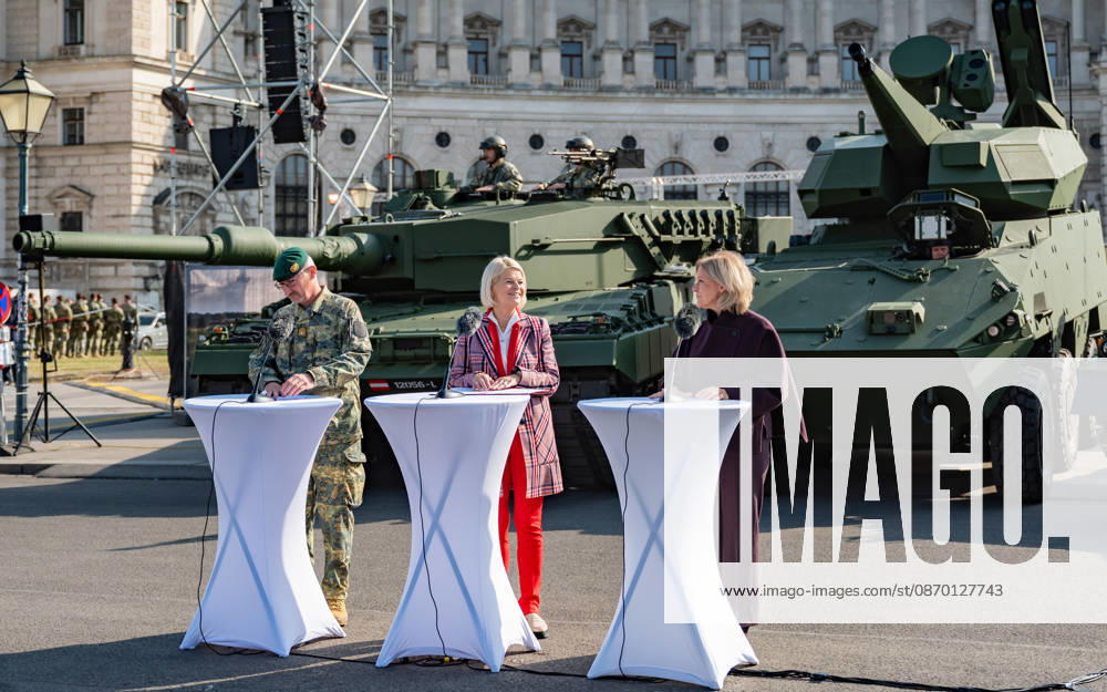 Press conference on the Austrian Armed Forces’ information and demonstration event on National Day 2026. The photo shows Vienna Military Commander Brigadier Christian Habersatter, OeVP Federal Minister of Defense Klaudia Tanner, and journalist, television host, ORF Radio Director, and interim Director General Ingrid Thurnher; Vienna, Heldenplatz, Vi