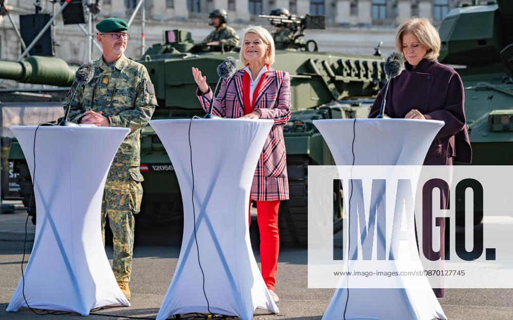 Press conference on the Austrian Armed Forces’ information and demonstration event on National Day 2026. The photo shows Vienna Military Commander Brigadier Christian Habersatter, OeVP Federal Minister of Defense Klaudia Tanner, and journalist, television host, ORF Radio Director, and interim Director General Ingrid Thurnher; Vienna, Heldenplatz, Vi