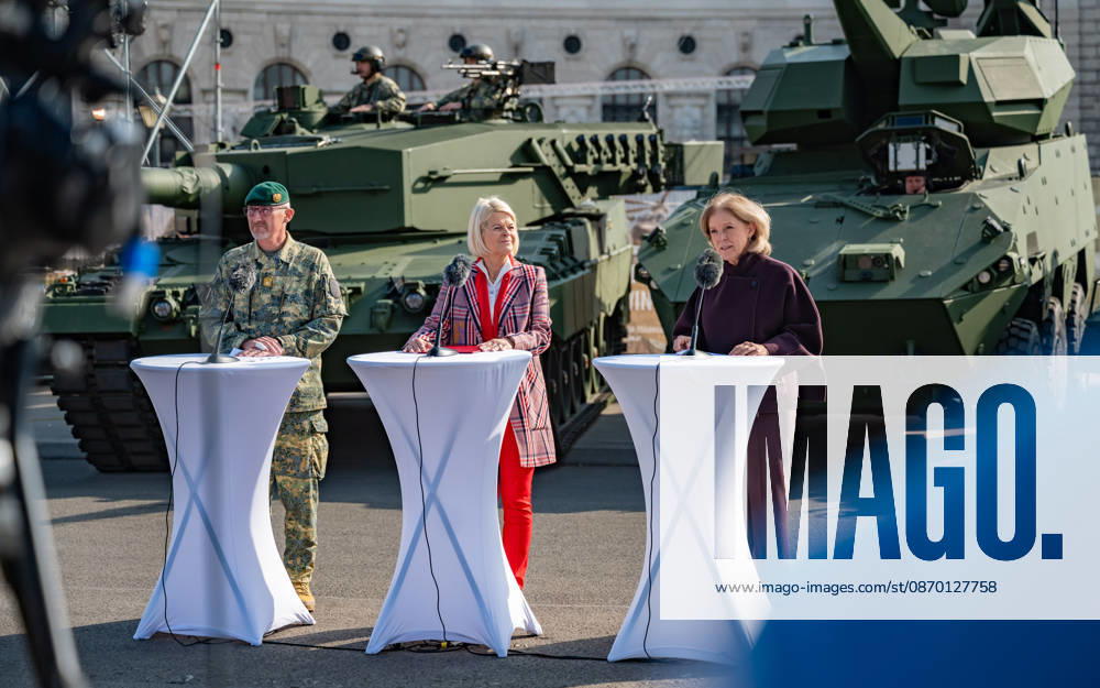 Press conference on the Austrian Armed Forces’ information and demonstration event on National Day 2026. The photo shows Vienna Military Commander Brigadier Christian Habersatter, OeVP Federal Minister of Defense Klaudia Tanner, and journalist, television host, ORF Radio Director, and interim Director General Ingrid Thurnher; Vienna, Heldenplatz, Vi
