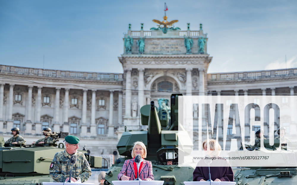 Press conference on the Austrian Armed Forces’ information and demonstration event on National Day 2026. The photo shows Vienna Military Commander Brigadier Christian Habersatter, OeVP Federal Minister of Defense Klaudia Tanner, and journalist, television host, ORF Radio Director, and interim Director General Ingrid Thurnher; Vienna, Heldenplatz, Vi