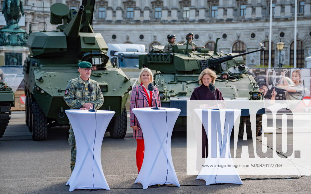 Press conference on the Austrian Armed Forces’ information and demonstration event on National Day 2026. The photo shows Vienna Military Commander Brigadier Christian Habersatter, OeVP Federal Minister of Defense Klaudia Tanner, and journalist, television host, ORF Radio Director, and interim Director General Ingrid Thurnher; Vienna, Heldenplatz, Vi