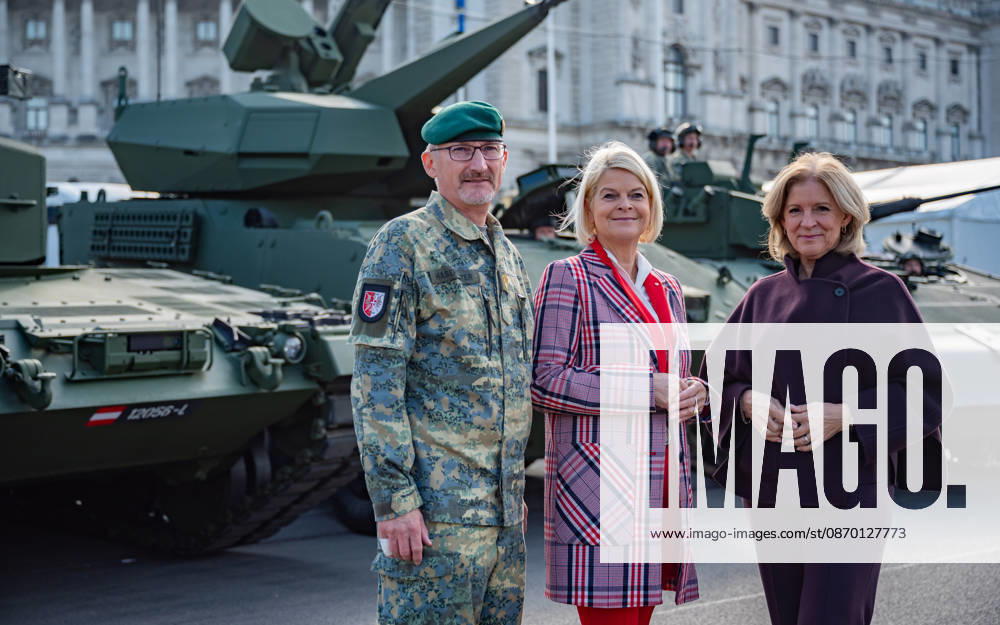 Press conference on the Austrian Armed Forces’ information and demonstration event on National Day 2026. The photo shows Vienna Military Commander Brigadier Christian Habersatter, OeVP Federal Minister of Defense Klaudia Tanner, and journalist, television host, ORF Radio Director, and interim Director General Ingrid Thurnher; Vienna, Heldenplatz, Vi