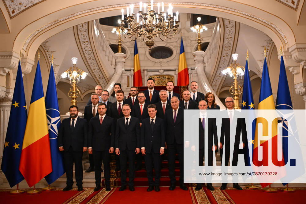 Romania s Parliament approves new Niculescu government BUCHAREST, ROMANIA - OCT 20: Romanian President Nicusor Dan and Prime Minister Luca Niculescu pose for an official family photo alongside cabinet ministers at the Presidential Palace in Bucharest, Romania on October 20, 2026. Present at the session are Deputy Prime Minister and Minister of Internal Affairs Marian Neacsu, Minister of Transport and Infrastructure Stefan-Ovidiu Popa, Minister of Justice Radu Marinescu, Minister of National Defence Stefan-Radu Oprea, Minister of Economy, Digitalization, Entrepreneurship, and Tourism Daniel-Catalin Zamfir, Minister of Agriculture and Rural Development Florin-Ionut Barbu, Minister of Environment, Waters, and Forests Natalia-Elena Intotero, Mi