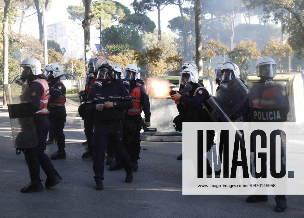 Protesters Clash with Police During a Demonstration in Tirana, Albania. Albanian riot police officers fires a tear gas projectile against protesters during during an anti-government demonstration in central Tirana on October 17, 2026, as protests continued for a fifth consecutive day over university conditions and demands for the resignation of Albanian Prime Minister Edi Rama. The latest rally follows four nights of violence in the capital, during which protesters and riot police clashed, police used water cannons and tear gas, and demonstrators damaged government offices and shops and set fire to several buildings. Light Studio Agency Malton Dibra Tirana Albania