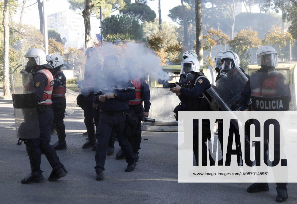 Protesters Clash with Police During a Demonstration in Tirana, Albania. Albanian riot police officers fires a tear gas projectile against protesters during during an anti-government demonstration in central Tirana on October 17, 2026, as protests continued for a fifth consecutive day over university conditions and demands for the resignation of Albanian Prime Minister Edi Rama. The latest rally follows four nights of violence in the capital, during which protesters and riot police clashed, police used water cannons and tear gas, and demonstrators damaged government offices and shops and set fire to several buildings. Light Studio Agency Malton Dibra Tirana Albania