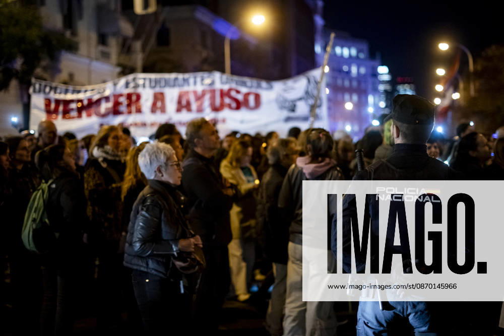 Protest Against Violence During the Education Strike Demonstrations in Madrid Hundreds of people gathered to protest the violence perpetrated against education protesters during the education strike demonstrations in Madrid on October 20, 2026, in Madrid, Spain. The demonstration follows incidents yesterday caused by the police after they charged at peaceful protesters outside an event attended by the president of the Autonomous Community. OCTOBER 20, 2026 A Pé Madrid Madrid, Spain
