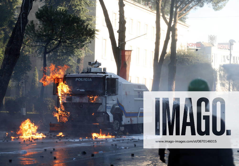 Protesters Clash with Police During a Demonstration in Tirana, Albania. Protesters throw molotov cocktails towards Albanian Police officers during during an anti-government demonstration in central Tirana on October 17, 2026, as protests continued for a fifth consecutive day over university conditions and demands for the resignation of Albanian Prime Minister Edi Rama. The latest rally follows four nights of violence in the capital, during which protesters and riot police clashed, police used water cannons and tear gas, and demonstrators damaged government offices and shops and set fire to several buildings. Light Studio Agency Malton Dibra Tirana Albania