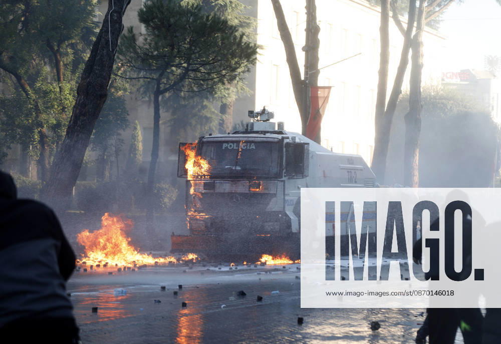 Protesters Clash with Police During a Demonstration in Tirana, Albania. Protesters throw molotov cocktails towards Albanian Police officers during during an anti-government demonstration in central Tirana on October 17, 2026, as protests continued for a fifth consecutive day over university conditions and demands for the resignation of Albanian Prime Minister Edi Rama. The latest rally follows four nights of violence in the capital, during which protesters and riot police clashed, police used water cannons and tear gas, and demonstrators damaged government offices and shops and set fire to several buildings. Light Studio Agency Malton Dibra Tirana Albania