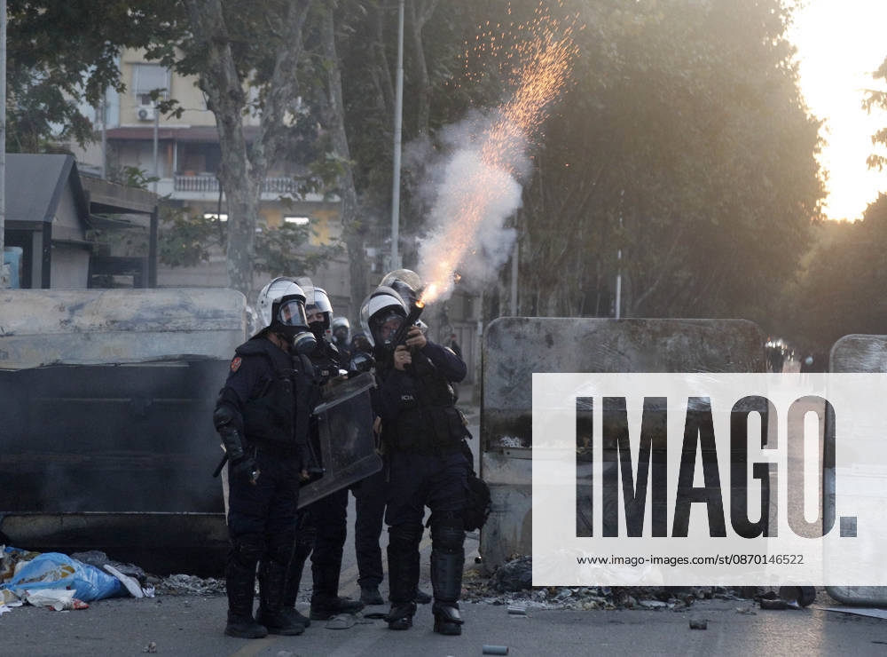 Protesters Clash with Police During a Demonstration in Tirana, Albania. Albanian riot police officers fires a tear gas projectile against protesters during during an anti-government demonstration in central Tirana on October 17, 2026, as protests continued for a fifth consecutive day over university conditions and demands for the resignation of Albanian Prime Minister Edi Rama. The latest rally follows four nights of violence in the capital, during which protesters and riot police clashed, police used water cannons and tear gas, and demonstrators damaged government offices and shops and set fire to several buildings. Light Studio Agency Malton Dibra Tirana Albania