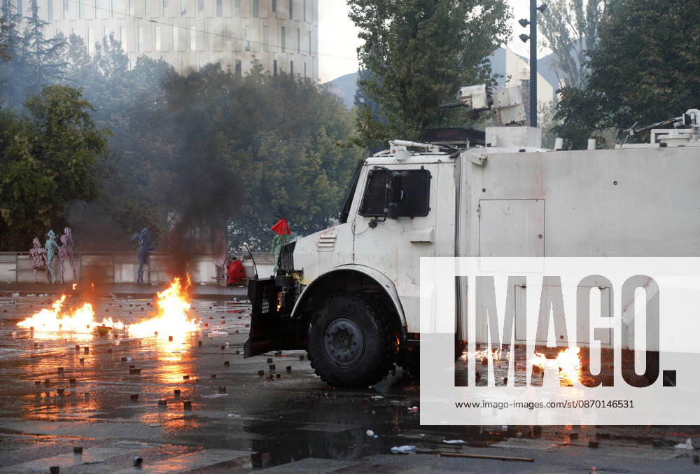 Protesters Clash with Police During a Demonstration in Tirana, Albania. Protesters clash with riot police during an anti-government demonstration in central Tirana on October 17, 2026, as protests continued for a fifth consecutive day over university conditions and demands for the resignation of Albanian Prime Minister Edi Rama. The latest rally follows four nights of violence in the capital, during which protesters and riot police clashed, police used water cannons and tear gas, and demonstrators damaged government offices and shops and set fire to several buildings. Light Studio Agency Malton Dibra Tirana Albania
