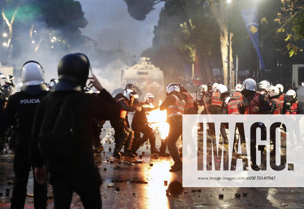 Protesters Clash with Police During a Demonstration in Tirana, Albania. An Albanian police officer is set on fire after he was hit with a Molotov cocktail during an anti-government demonstration in central Tirana on October 17, 2026, as protests continued for a fifth consecutive day over university conditions and demands for the resignation of Albanian Prime Minister Edi Rama. The latest rally follows four nights of violence in the capital, during which protesters and riot police clashed, police used water cannons and tear gas, and demonstrators damaged government offices and shops and set fire to several buildings. Light Studio Agency Malton Dibra Tirana Albania