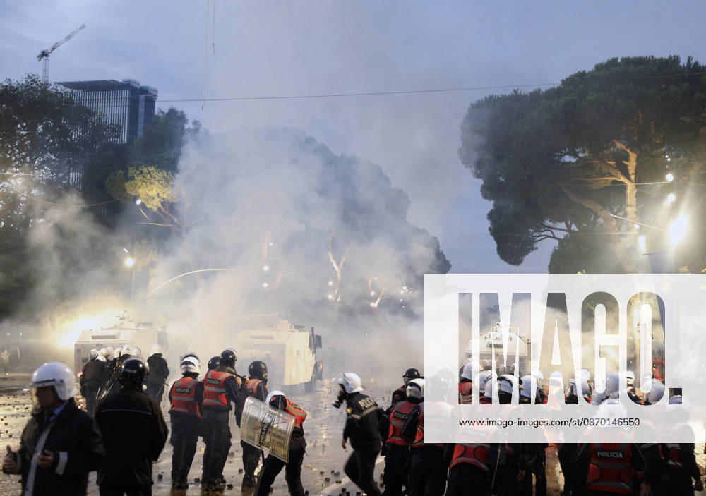 Protesters Clash with Police During a Demonstration in Tirana, Albania. Protesters clash with riot police during an anti-government demonstration in central Tirana on October 17, 2026, as protests continued for a fifth consecutive day over university conditions and demands for the resignation of Albanian Prime Minister Edi Rama. The latest rally follows four nights of violence in the capital, during which protesters and riot police clashed, police used water cannons and tear gas, and demonstrators damaged government offices and shops and set fire to several buildings. Light Studio Agency Malton Dibra Tirana Albania