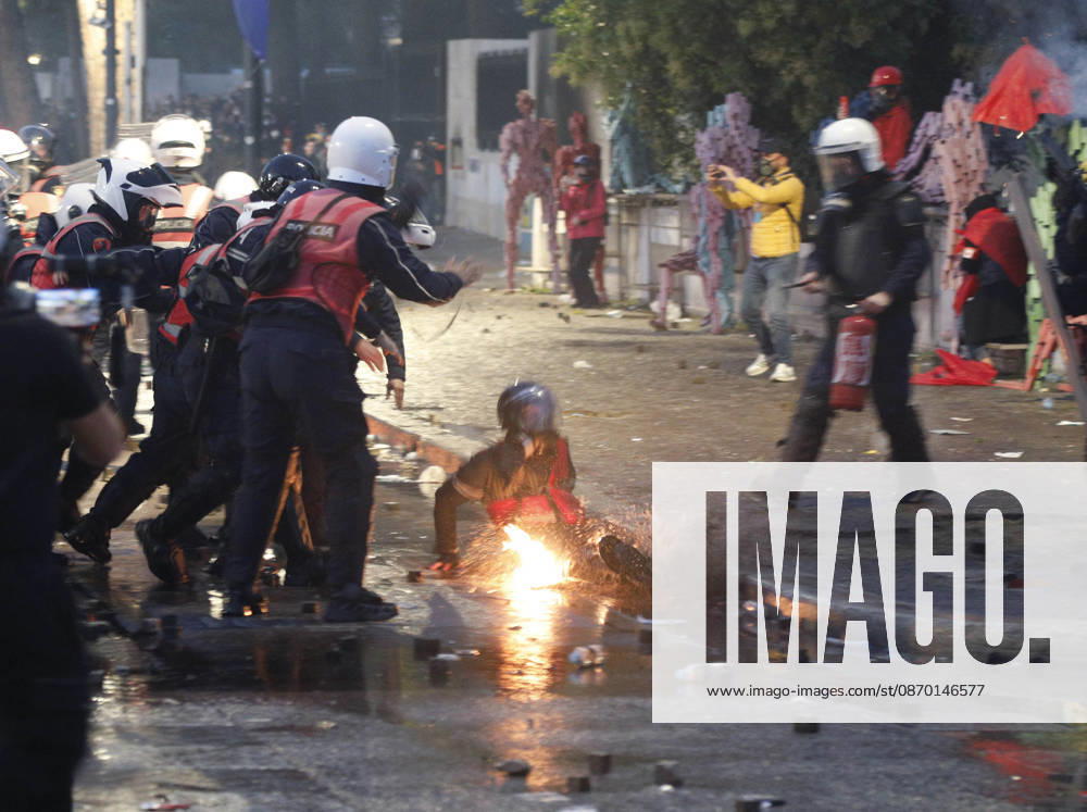 Protesters Clash with Police During a Demonstration in Tirana, Albania. An Albanian police officer is set on fire after he was hit with a Molotov cocktail during an anti-government demonstration in central Tirana on October 17, 2026, as protests continued for a fifth consecutive day over university conditions and demands for the resignation of Albanian Prime Minister Edi Rama. The latest rally follows four nights of violence in the capital, during which protesters and riot police clashed, police used water cannons and tear gas, and demonstrators damaged government offices and shops and set fire to several buildings. Light Studio Agency Malton Dibra Tirana Albania