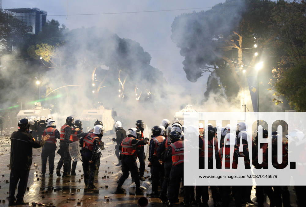 Protesters Clash with Police During a Demonstration in Tirana, Albania. Protesters clash with riot police during an anti-government demonstration in central Tirana on October 17, 2026, as protests continued for a fifth consecutive day over university conditions and demands for the resignation of Albanian Prime Minister Edi Rama. The latest rally follows four nights of violence in the capital, during which protesters and riot police clashed, police used water cannons and tear gas, and demonstrators damaged government offices and shops and set fire to several buildings. Light Studio Agency Malton Dibra Tirana Albania