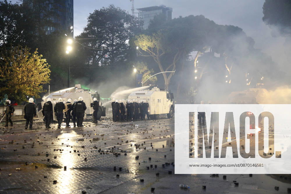 Protesters Clash with Police During a Demonstration in Tirana, Albania. Protesters clash with riot police during an anti-government demonstration in central Tirana on October 17, 2026, as protests continued for a fifth consecutive day over university conditions and demands for the resignation of Albanian Prime Minister Edi Rama. The latest rally follows four nights of violence in the capital, during which protesters and riot police clashed, police used water cannons and tear gas, and demonstrators damaged government offices and shops and set fire to several buildings. Light Studio Agency Malton Dibra Tirana Albania