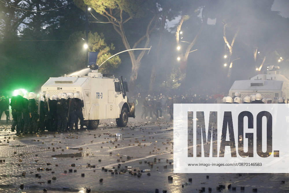 Protesters Clash with Police During a Demonstration in Tirana, Albania. Protesters clash with riot police during an anti-government demonstration in central Tirana on October 17, 2026, as protests continued for a fifth consecutive day over university conditions and demands for the resignation of Albanian Prime Minister Edi Rama. The latest rally follows four nights of violence in the capital, during which protesters and riot police clashed, police used water cannons and tear gas, and demonstrators damaged government offices and shops and set fire to several buildings. Light Studio Agency Malton Dibra Tirana Albania