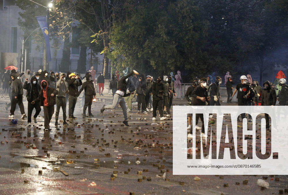 Protesters Clash with Police During a Demonstration in Tirana, Albania. Protesters clash with riot police during an anti-government demonstration in central Tirana on October 17, 2026, as protests continued for a fifth consecutive day over university conditions and demands for the resignation of Albanian Prime Minister Edi Rama. The latest rally follows four nights of violence in the capital, during which protesters and riot police clashed, police used water cannons and tear gas, and demonstrators damaged government offices and shops and set fire to several buildings. Light Studio Agency Malton Dibra Tirana Albania