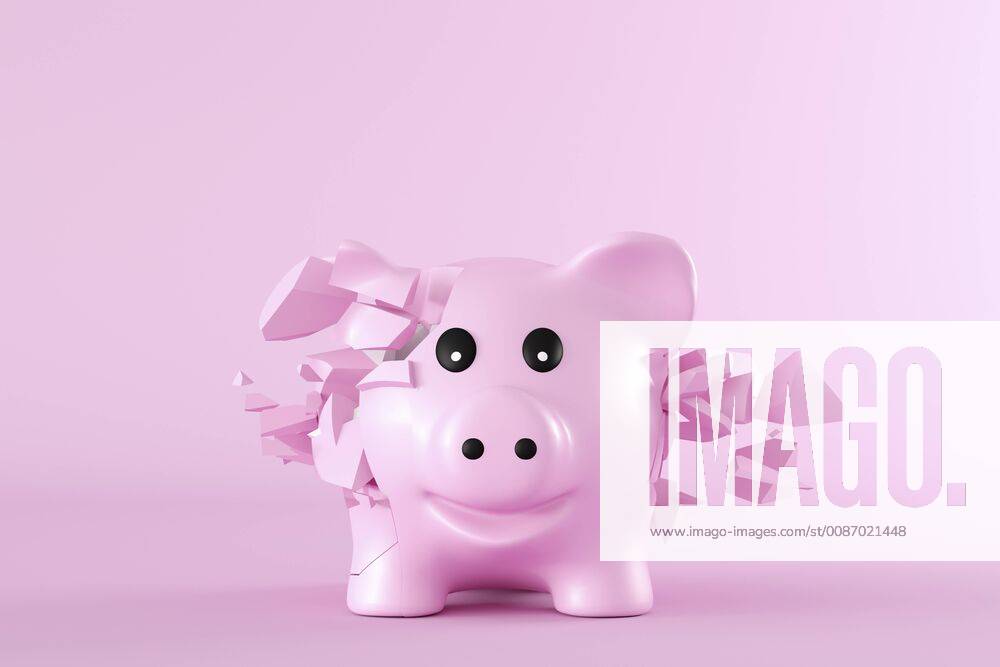 3D Rendering, Piggy bank bursting into pieces in front of pink background AHUF00533