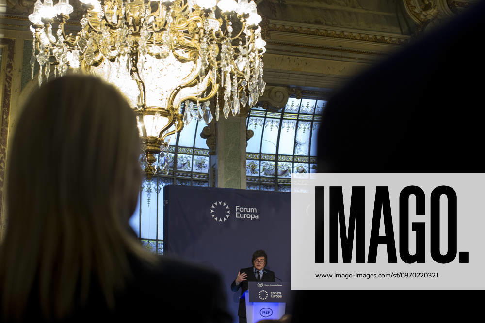 Javier Milei, the president of Argentina, delivers a speech during a breakfast briefing at the New Economy Forum in Madrid, as part of his visit to Spain. Madrid Spain - ZUMAs296 20261021_znp_s296_002