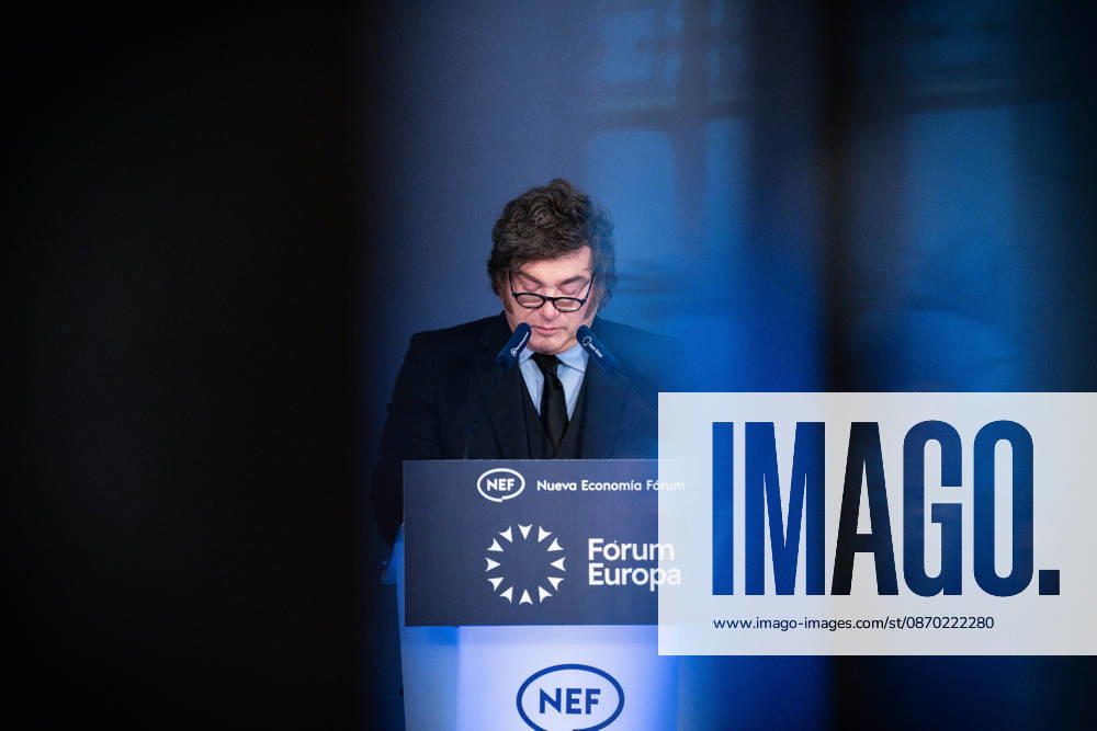 The President of Argentina, JAVIER MILEI, attends the Forum Europa in Madrid, during his political tour of Europe, where he once again publicly attacked Spanish Prime Minister Pedro Sanchez and left-wing policies. Madrid SPAIN - ZUMAc270 20261021_zip_c270_009