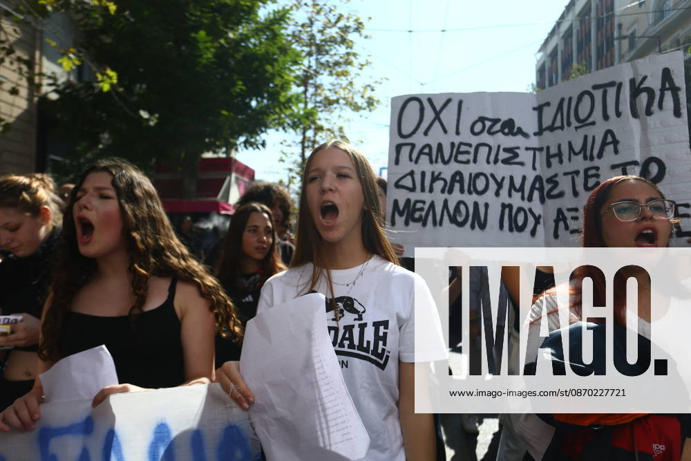 Students, university students and teachers take part in a nationwide education protest in central Athens on Wednesday, October 21, 2026. Demonstrators gather at the Propylaea and march through the city centre, calling for better school conditions, increased public education funding, and measures to address the rising cost of studying and student housing...Protesters demand the recruitment of more teachers, safer school buildings, improved student support and affordable accommodation, as similar demonstrations take place in cities across Greece. Athens Greece - ZUMAv62_ 20261021_zaf_v62_003