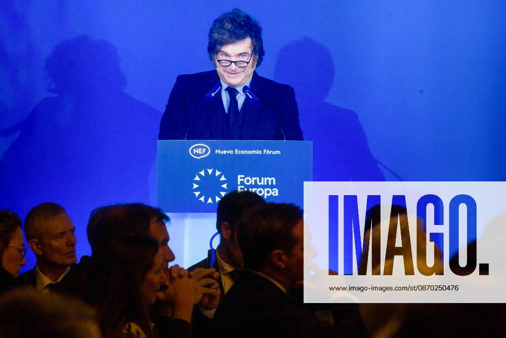 Javier Milei, President of Argentina visits Madrid - 21 Oct 2026 Javier Milei, President of Argentina, speaks to the audience from the podium during a breakfast briefing at the Foro de la Nueva Economía (New Economy Forum) in Madrid, where he is a featured guest. Madrid Spain
