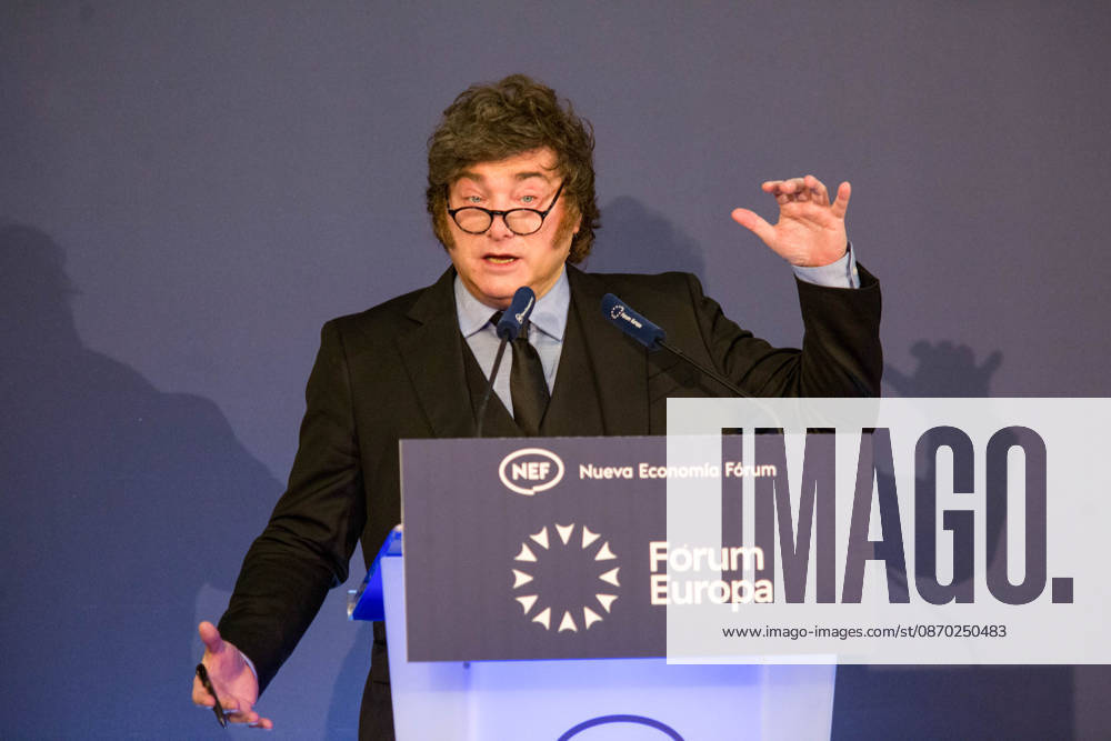 Javier Milei, President of Argentina visits Madrid - 21 Oct 2026 Javier Milei, President of Argentina, speaks to the audience from the podium during a breakfast briefing at the Foro de la Nueva Economía (New Economy Forum) in Madrid, where he is a featured guest. Madrid Spain
