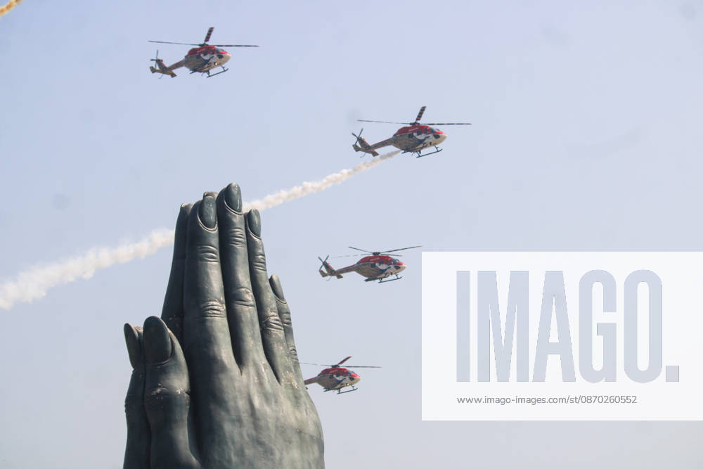 IAF Grand Air Show rehearsal over Namo Ghat Varanasi, Oct 21 (ANI): Indian Air Force helicopters fly in formation during IAF Grand Air Show rehearsal over Namo Ghat, in Varanasi on Wednesday. Varanasi Uttar Pradesh India