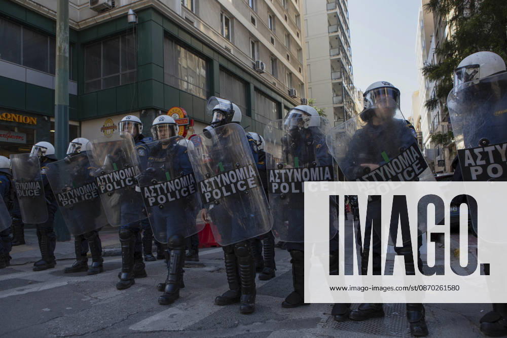 Athens Greece Living Costs Protest Riot police stand guard during a protest in Athens, Greece on October 21, 2026. Students and other demonstrators marched through central Athens to protest rising living costs and economic pressures. Organizers say the concerns raised by participants echo grievances voiced during recent demonstrations in France. Athens Attica Greece