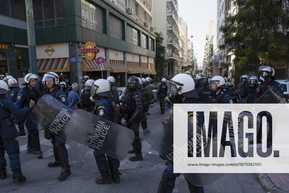Athens Greece Living Costs Protest Riot police stand guard during a protest in Athens, Greece on October 21, 2026. Students and other demonstrators marched through central Athens to protest rising living costs and economic pressures. Organizers say the concerns raised by participants echo grievances voiced during recent demonstrations in France. Athens Attica Greece