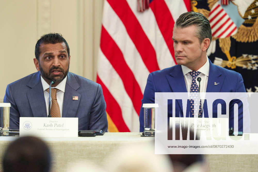 FBI Director Kash Patel speaks as Defense Secretary â Pete Hegseth listens during a roundtable discussion on cybercrime in the East Room of the White House in Washington DC on Wednesday, October 21, 2026. WAX20261021909 SamuelxCorum