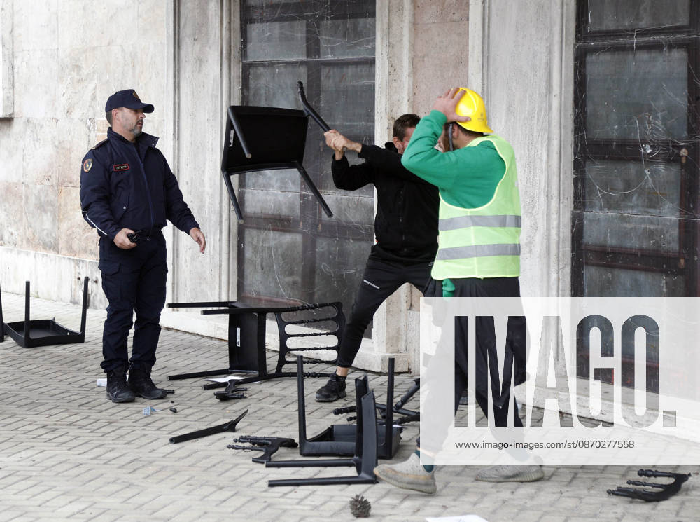 Protesters Clash with Police During a Demonstration in Tirana, Albania. Protesters destroy chairs set up by the PM s office for a proposed dialogue with students outside government headquarters in Tirana, Albania, on October 21, after several days of anti-government protests turned violent 2026. Albanian Prime Minister Edi Rama blamed a hybrid war for fuelling unrest in his country, after more than a week of violent anti-government demonstrations demanding better university conditions, anger over corruption and renewed calls for the Prime Minister s resignation. Light Studio Agency Malton Dibra Tirana Albania