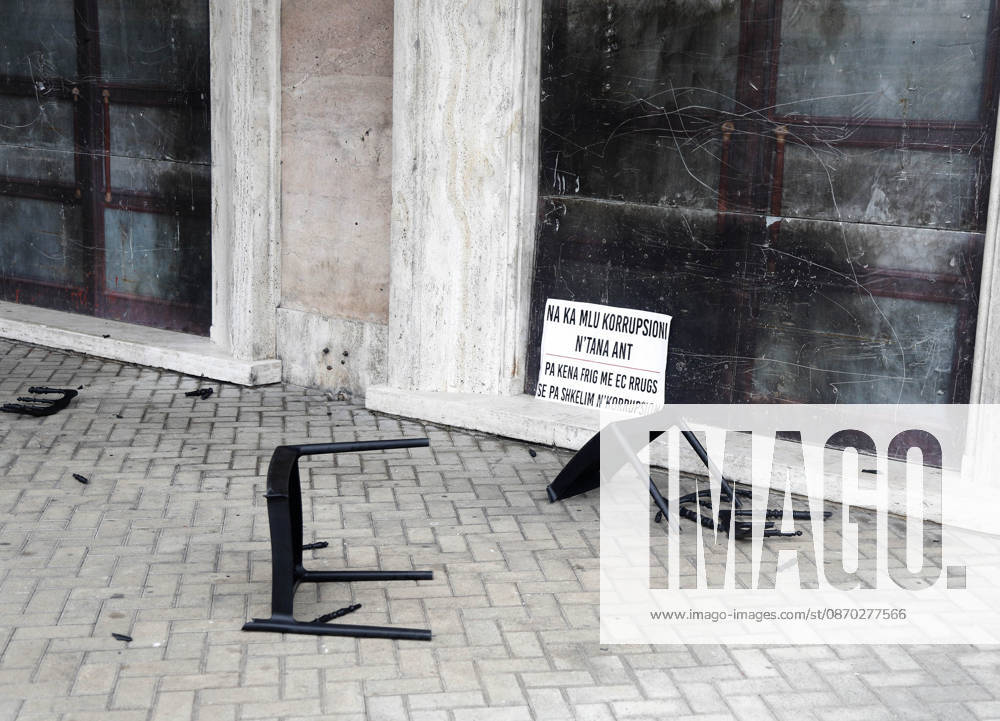 Protesters Clash with Police During a Demonstration in Tirana, Albania. Protesters destroy chairs set up by the PM s office for a proposed dialogue with students outside government headquarters in Tirana, Albania, on October 21, after several days of anti-government protests turned violent 2026. Albanian Prime Minister Edi Rama blamed a hybrid war for fuelling unrest in his country, after more than a week of violent anti-government demonstrations demanding better university conditions, anger over corruption and renewed calls for the Prime Minister s resignation. Light Studio Agency Malton Dibra Tirana Albania
