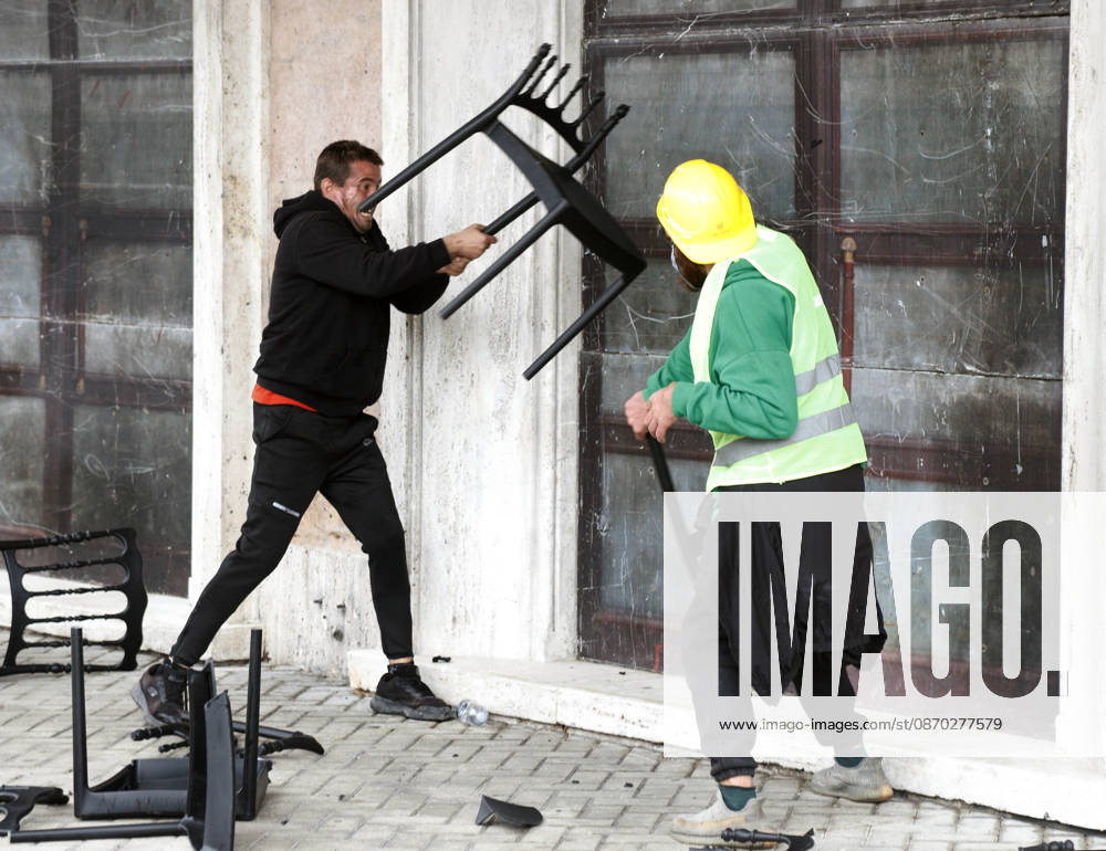 Protesters Clash with Police During a Demonstration in Tirana, Albania. Protesters destroy chairs set up by the PM s office for a proposed dialogue with students outside government headquarters in Tirana, Albania, on October 21, after several days of anti-government protests turned violent 2026. Albanian Prime Minister Edi Rama blamed a hybrid war for fuelling unrest in his country, after more than a week of violent anti-government demonstrations demanding better university conditions, anger over corruption and renewed calls for the Prime Minister s resignation. Light Studio Agency Malton Dibra Tirana Albania
